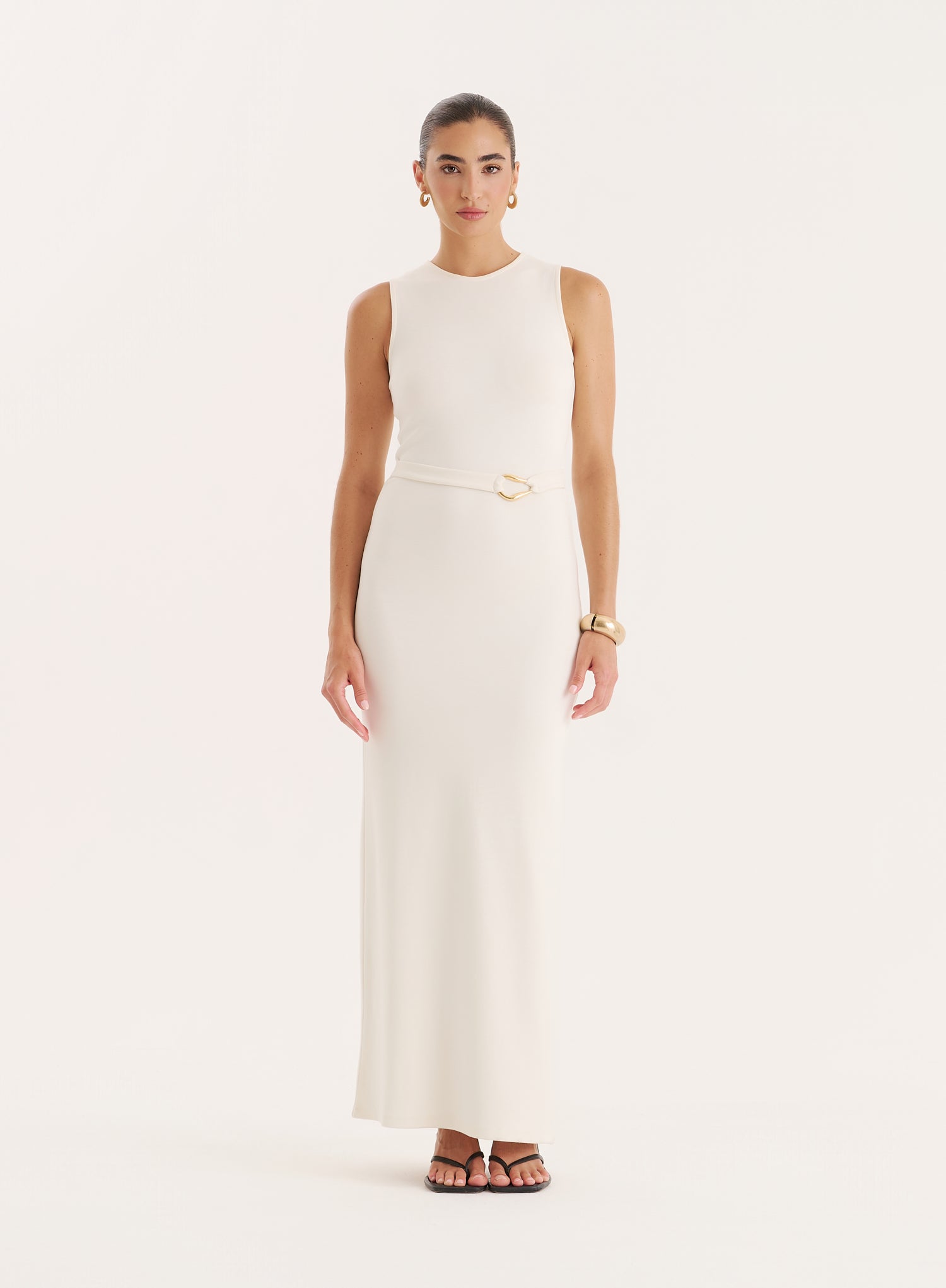 Ecru Gold Hardware Belt Detail Maxi Dress